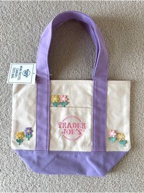 Trader Joe's Customized Pastel Mini Tote Flower Embroidered Patch Tote Purple